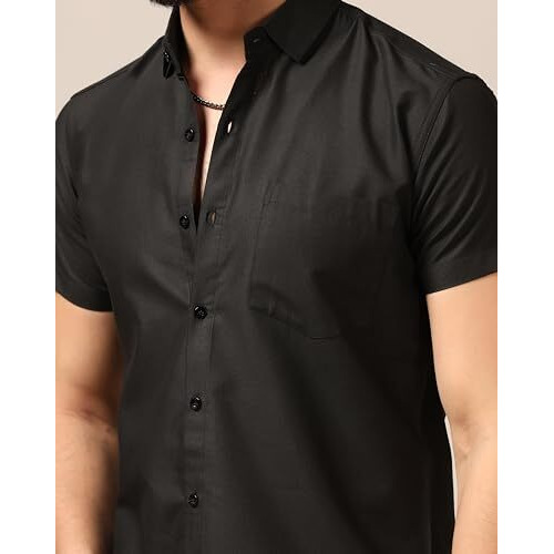 Toplot Men's Regular Fit Solid Casual Shirt With Pocket Design With Spread Collar & Half Sleeves (Half-Pocket-5179-Black-Xxl)