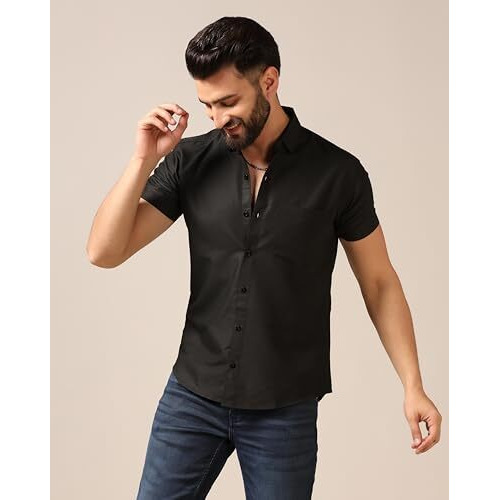 Toplot Men's Regular Fit Solid Casual Shirt With Pocket Design With Spread Collar & Half Sleeves (Half-Pocket-5179-Black-Xxl)