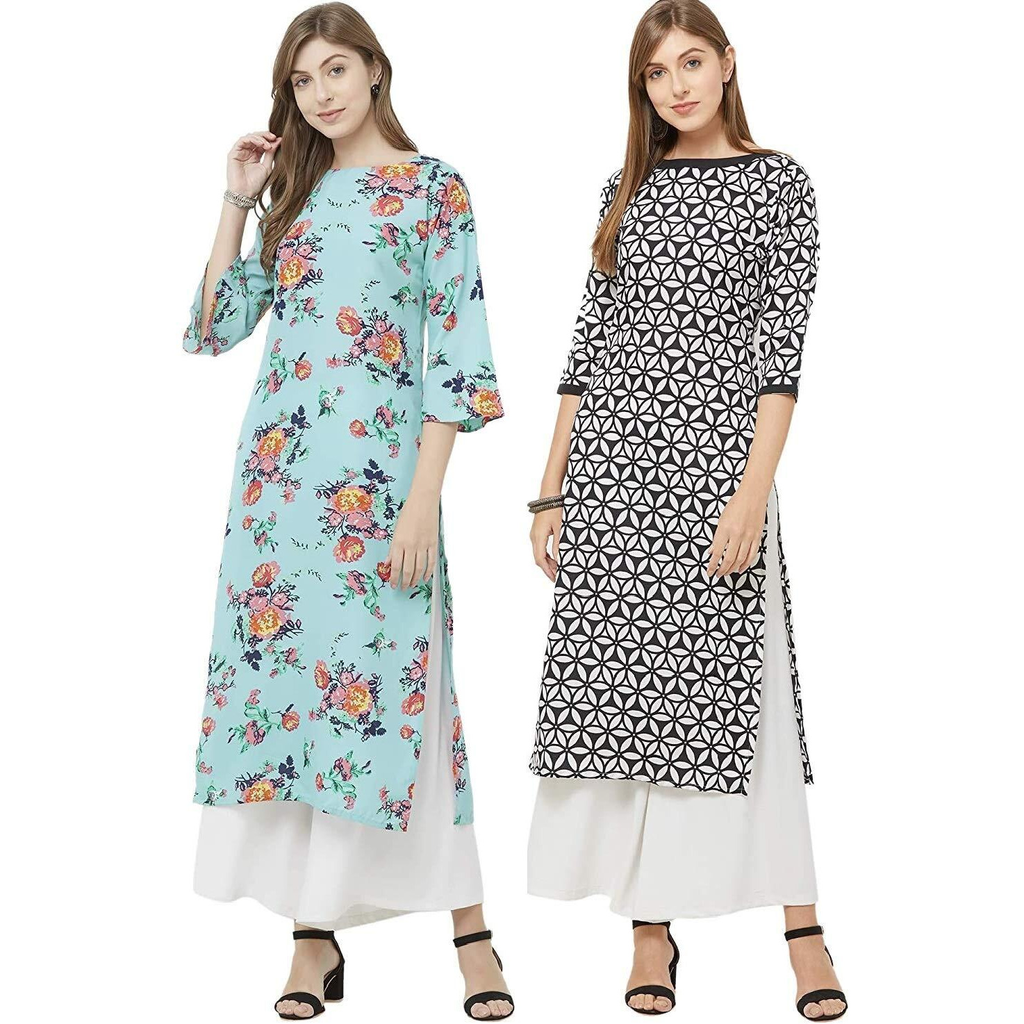 Gosriki Women's Multicolor Printed Straight Kurta Pack Of 02(Chakri-Black & Saaho-Rama_M)