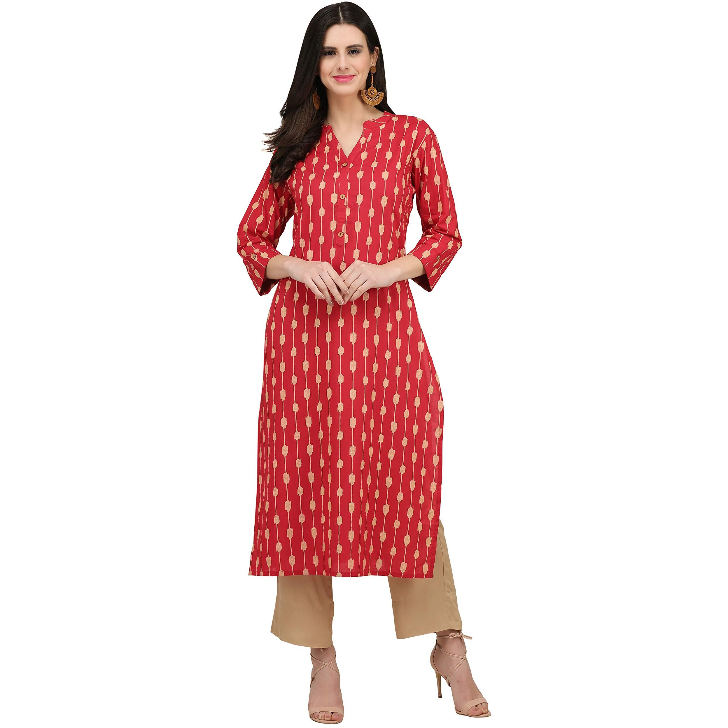 Gosriki Women's Cotton Kurta (Kur190010-Xxl_2Xl_Red)