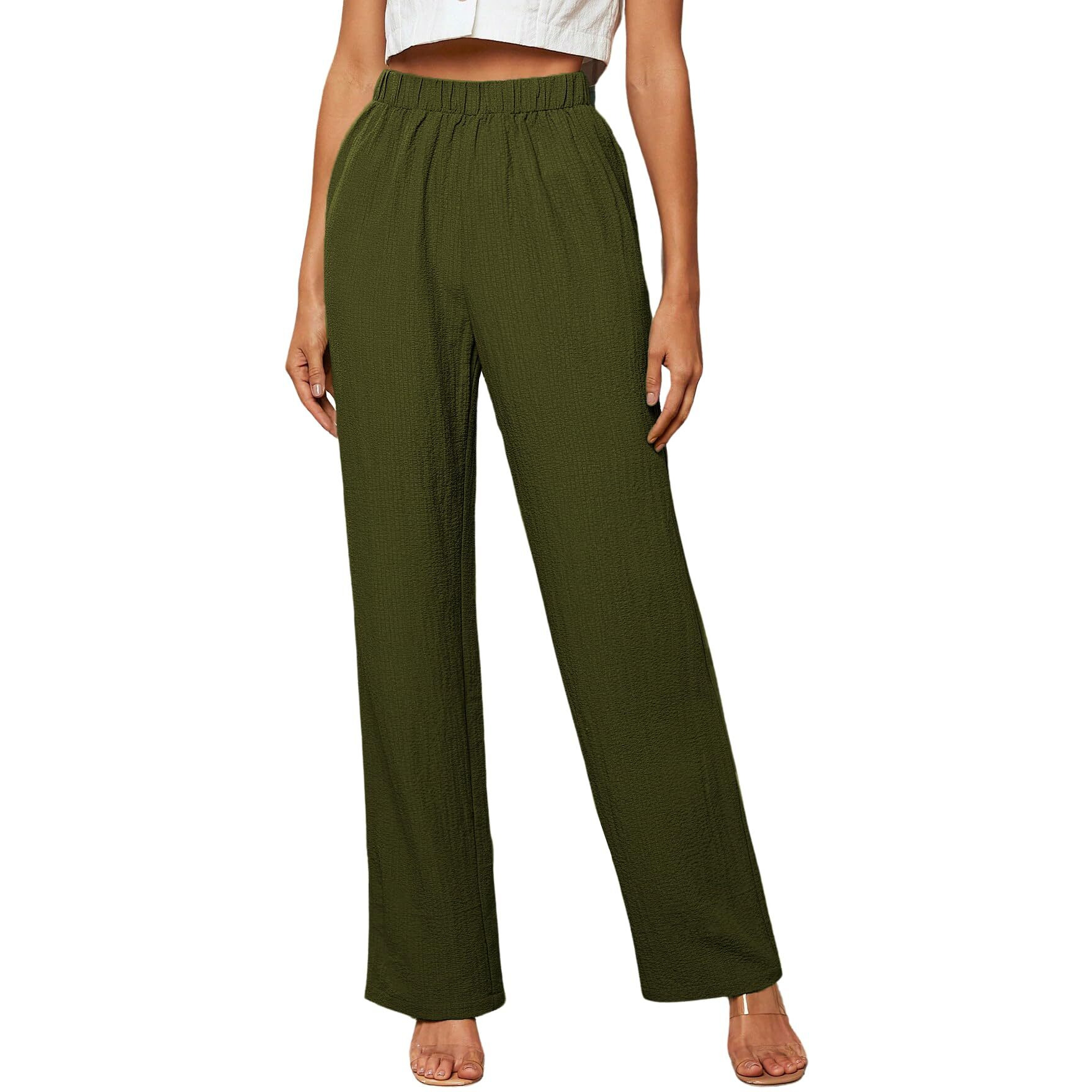 Toplot Womens High-Waisted Trousers | Tailored Wide-Leg Pants | Casual & Formal Wear | Chic And Elegant Look (Women-Trouser-5230-Olive-30)