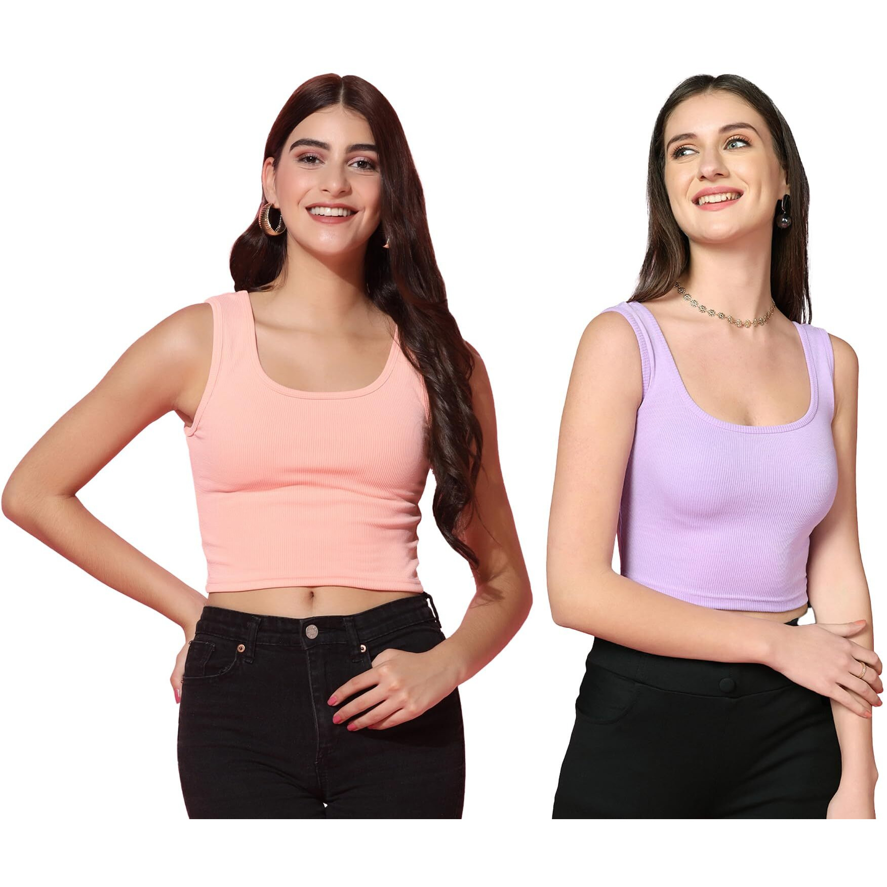Toplot Women's Combo Solid Ribbed Scoop Neck Sleeveless Slim Fit Tank Top Pack Of 2 (Combo-5069-Pch-Prl-M)