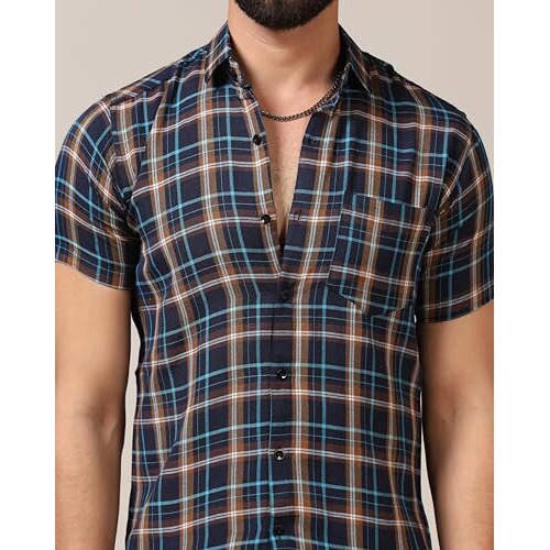 Toplot Men's Regular Fit Casual Shirt Checks Design With Spread Collar & Half Sleeves (Chex-Shirt-5177-Mustard-S)