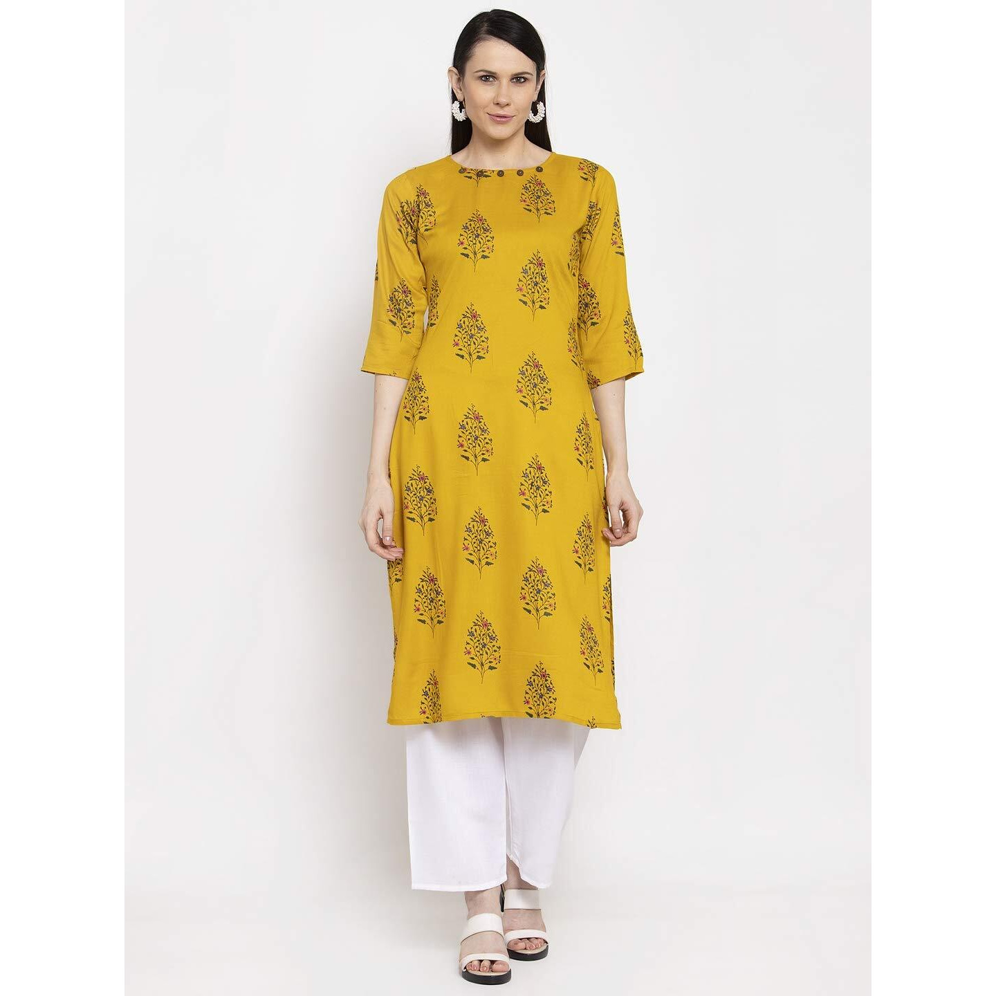 Gosriki Women's Yellow Pure Cotton Straight Kurta With Plazzo (Luna Yellow_L)
