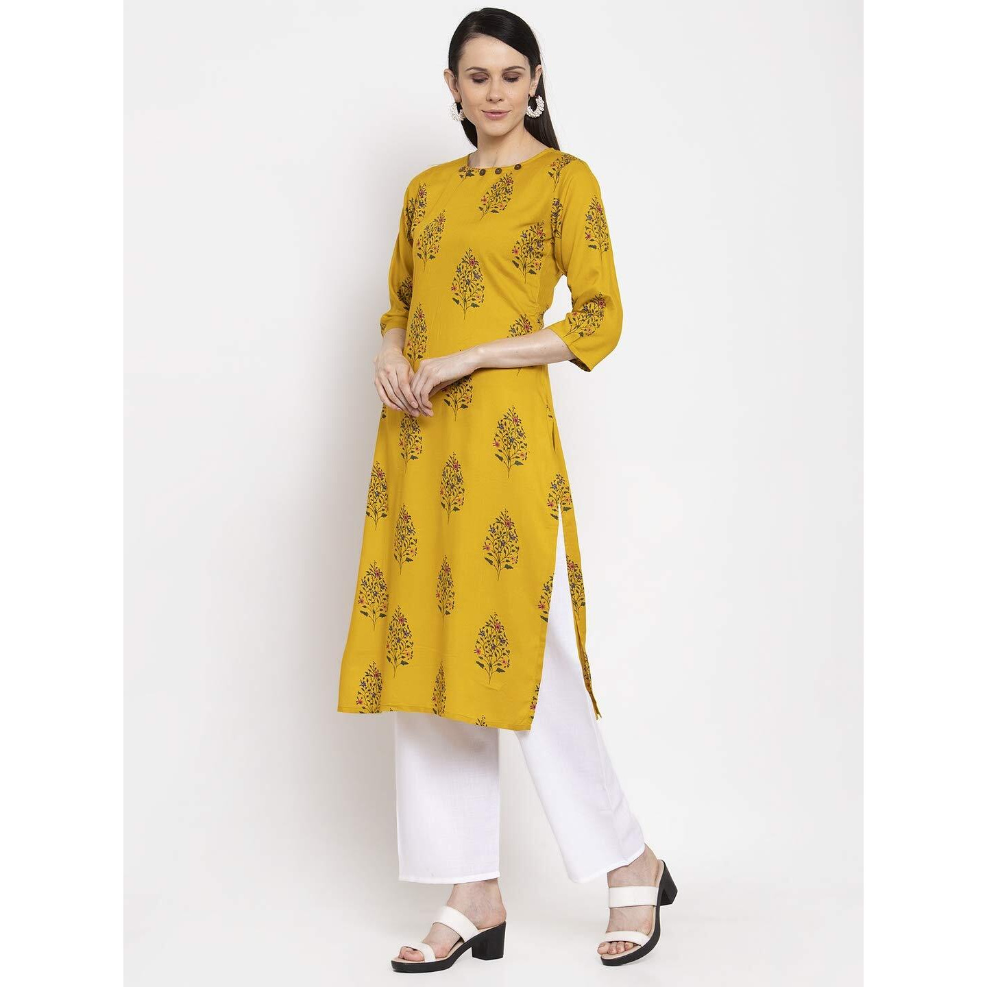 Gosriki Women's Yellow Pure Cotton Straight Kurta With Plazzo (Luna Yellow_L)