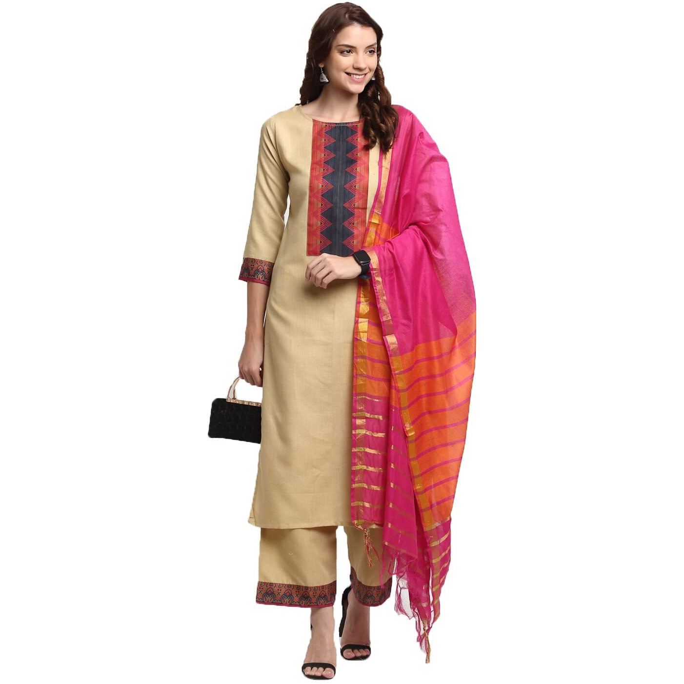 Gosriki Women's Cotton Straight Kurta And Palazzos & Dupatta (My-Hit-Beige_L_Beige_Large)