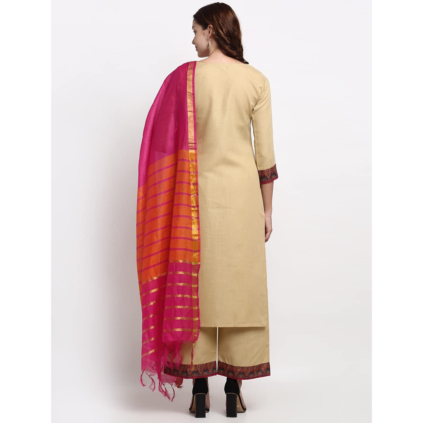 Gosriki Women's Cotton Straight Kurta And Palazzos & Dupatta (My-Hit-Beige_L_Beige_Large)