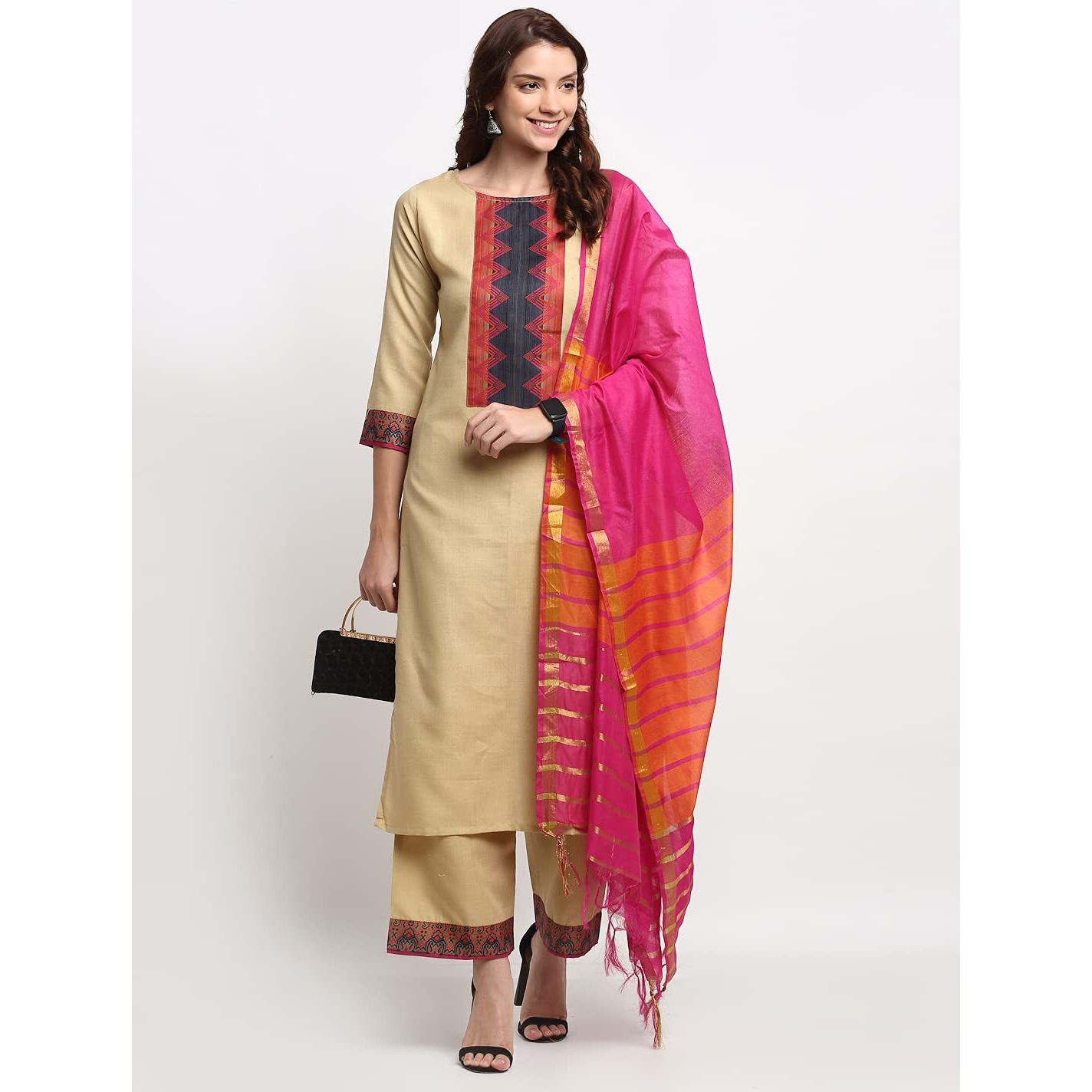 Gosriki Women's Cotton Straight Kurta And Palazzos & Dupatta (My-Hit-Beige_L_Beige_Large)