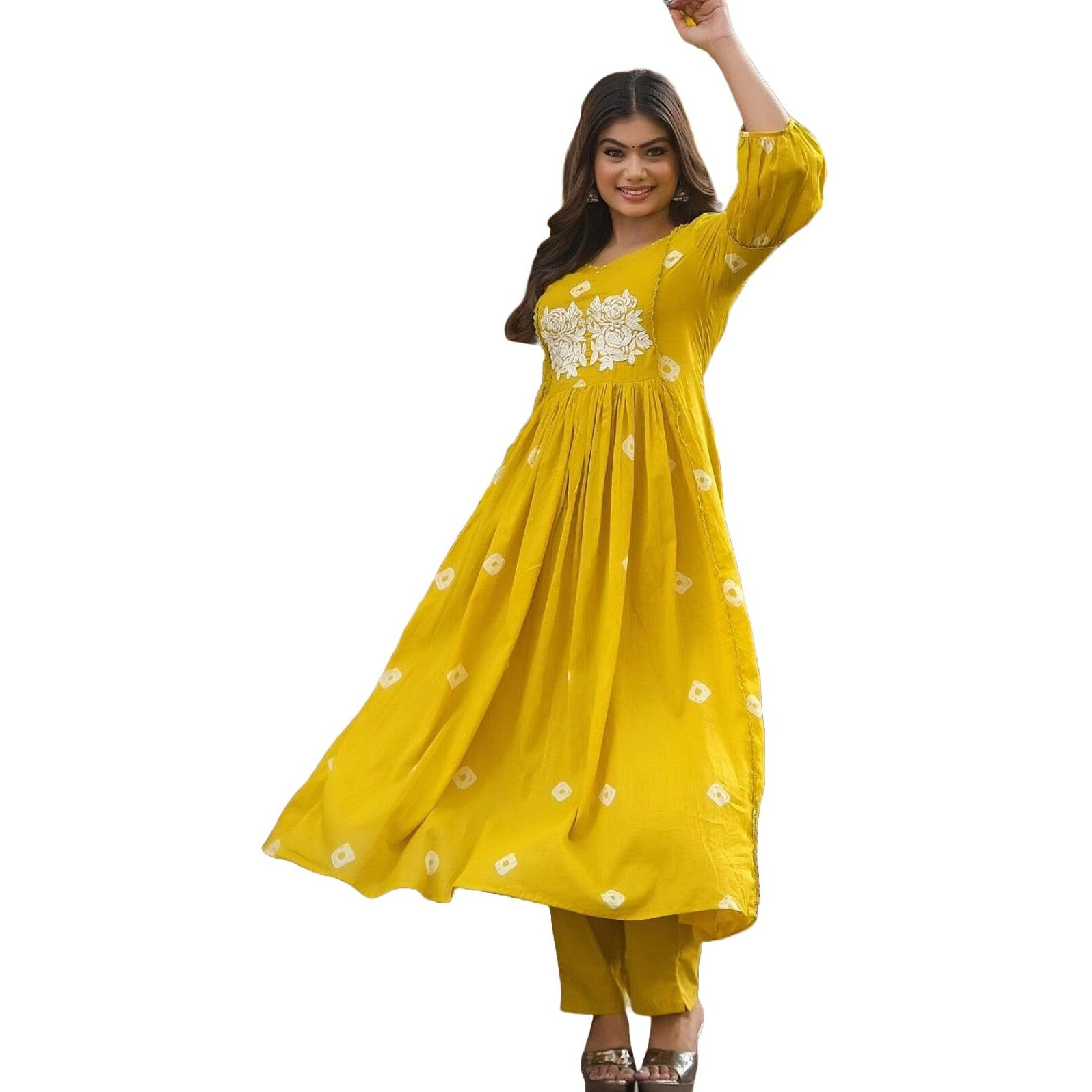 Gosriki Women's Rayon Blend Anarkali Printed Kurta With Pant (Anveshi Yellow-Vks01-Gs_S_Yellow_Small)