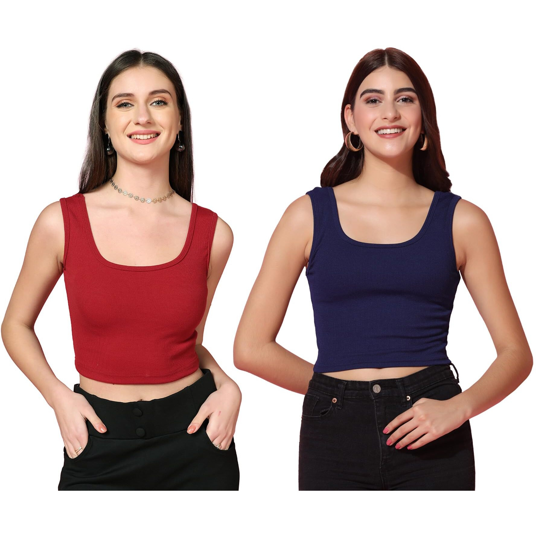 Toplot Women's Combo Solid Ribbed Scoop Neck Sleeveless Slim Fit Tank Top Pack Of 2 (Combo-5069-Mrn-Nvy-S)