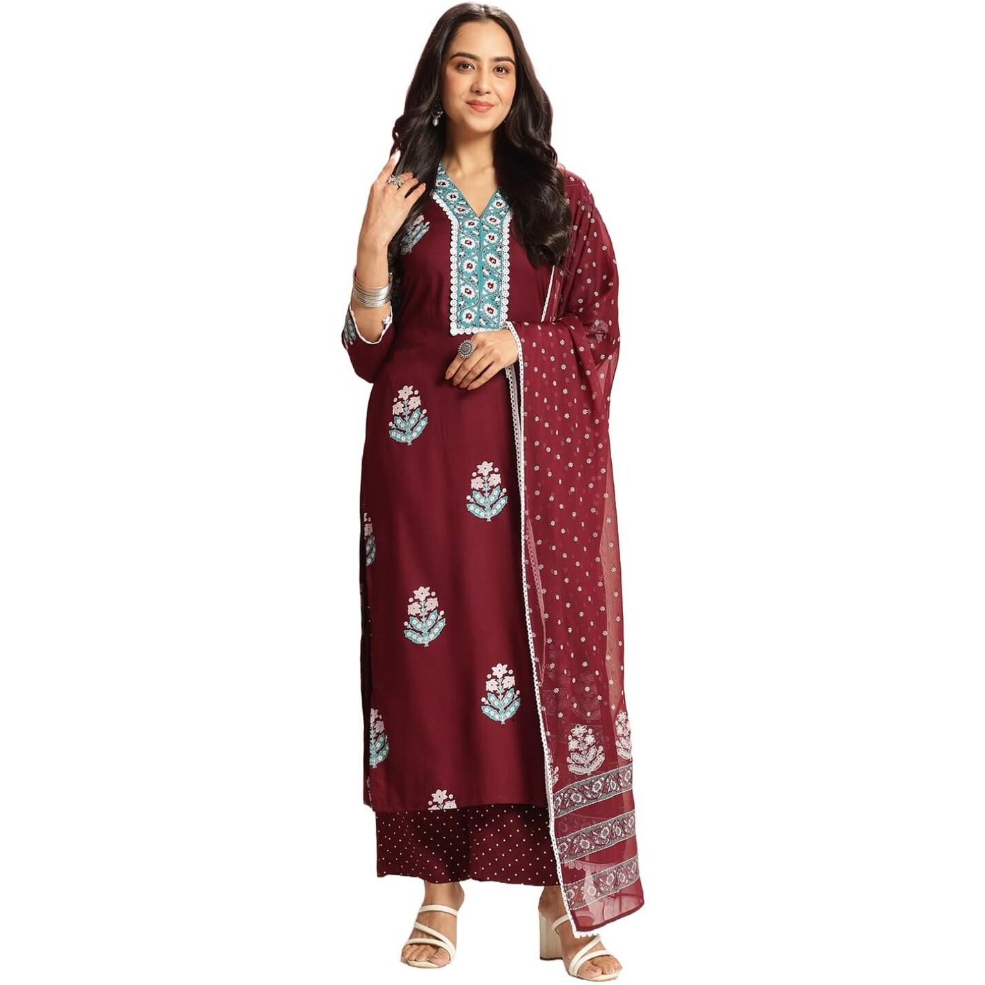Gosriki Women's Rayon Viscose Printed Straight Kurta With Pant & Dupatta (Belagavi Wine-Vks05-Gs_M_Wine_Medium)