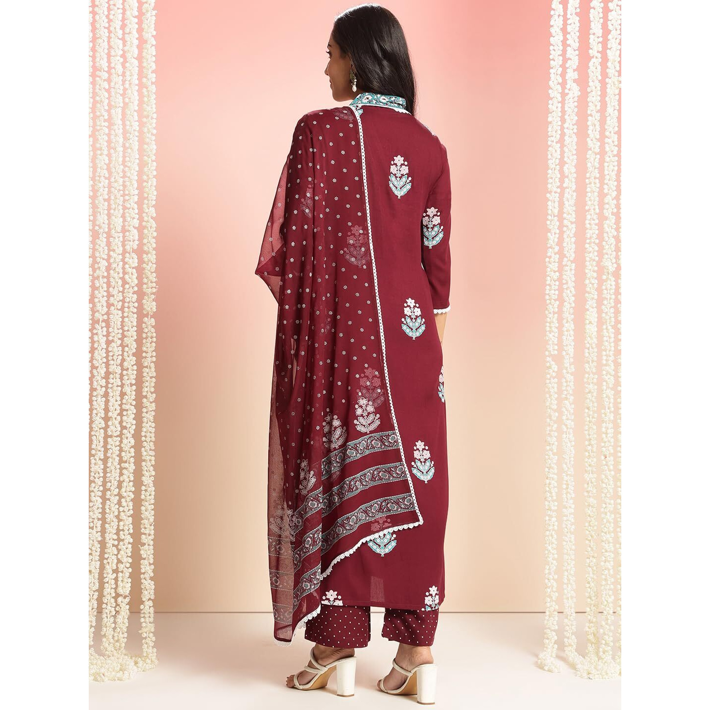 Gosriki Women's Rayon Viscose Printed Straight Kurta With Pant & Dupatta (Belagavi Wine-Vks05-Gs_M_Wine_Medium)