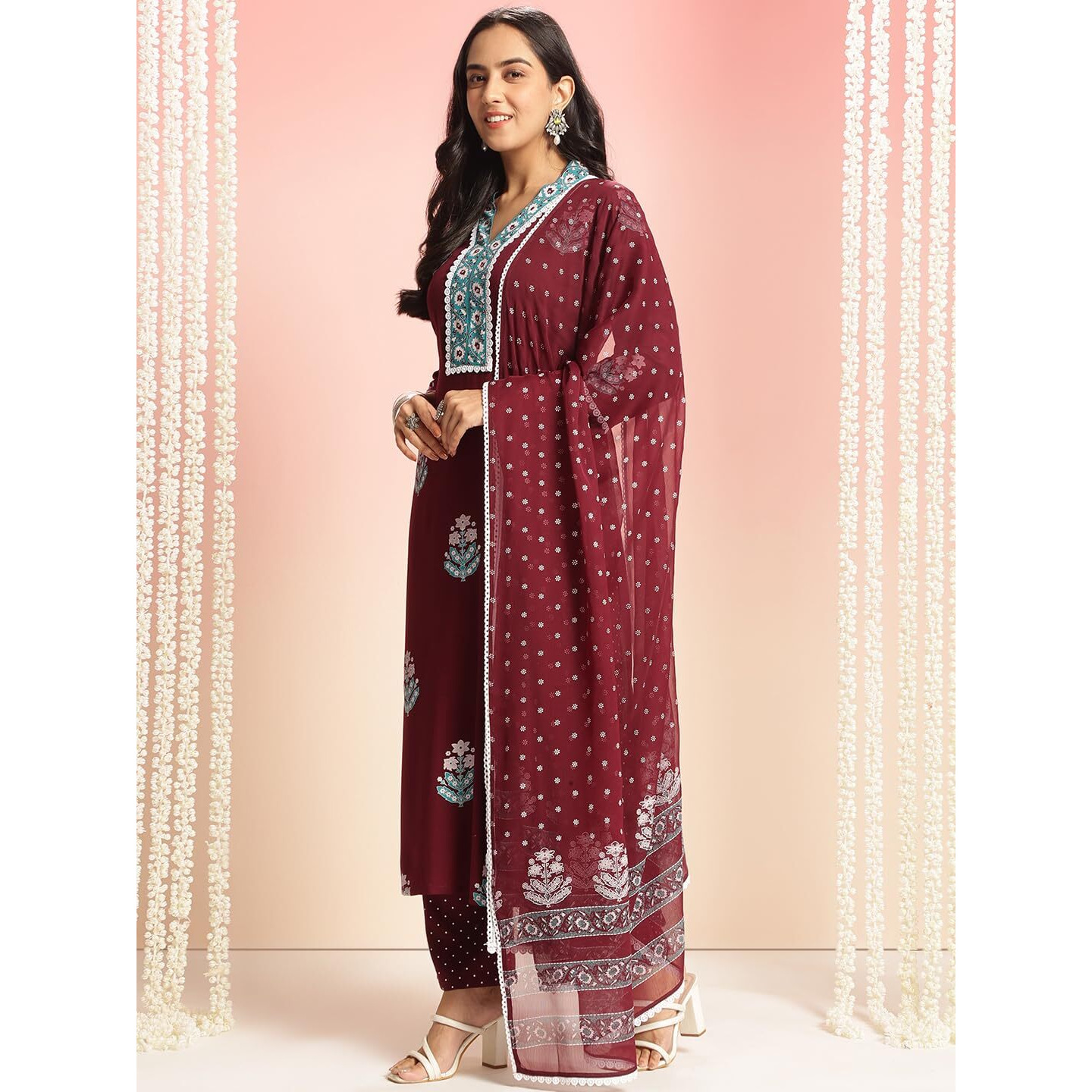 Gosriki Women's Rayon Viscose Printed Straight Kurta With Pant & Dupatta (Belagavi Wine-Vks05-Gs_M_Wine_Medium)