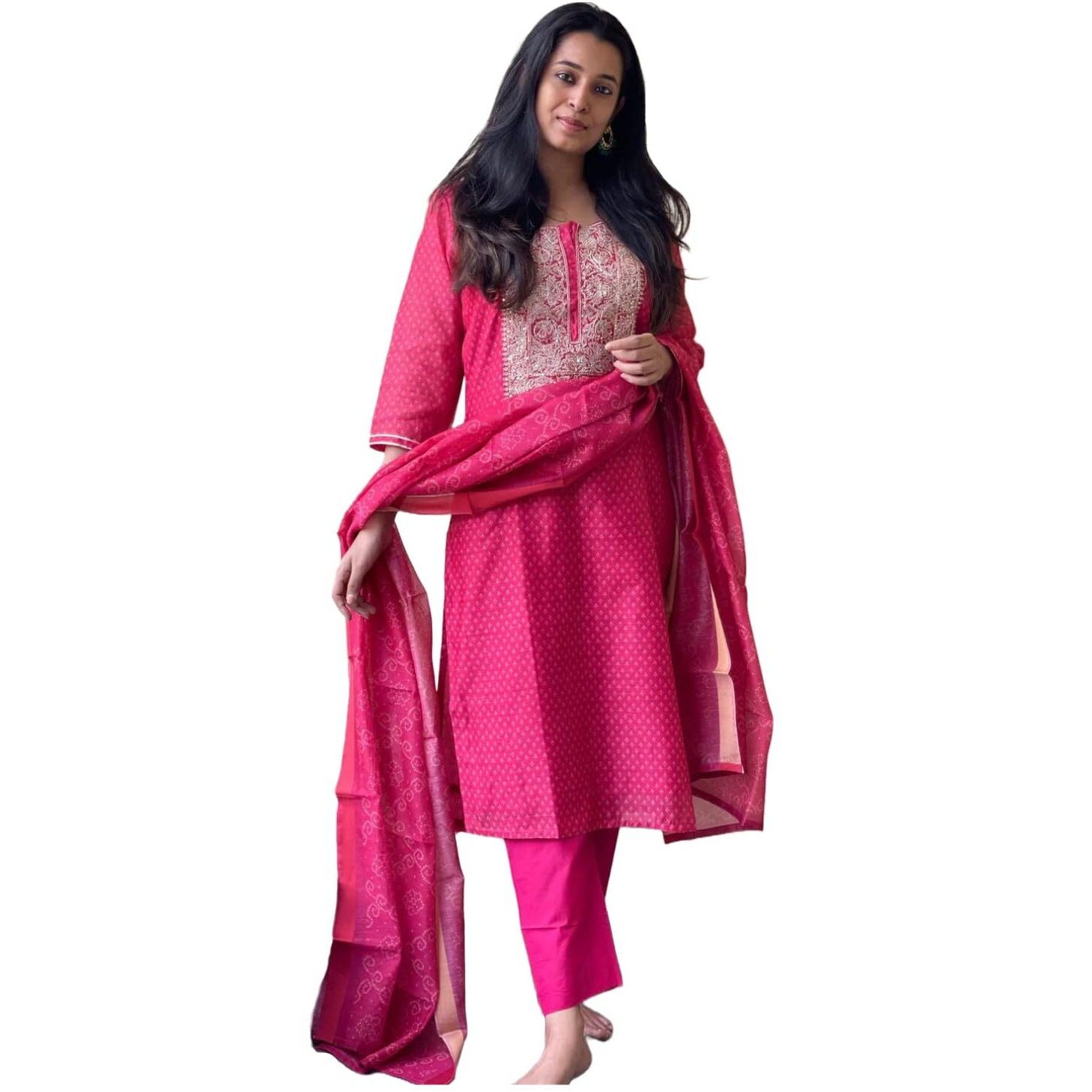 Gosriki Women's Cotton Blend Straight Printed & Embroidered Kurta With Pant & Dupatta (Radha Rani-Gs_S_Pink_Small)