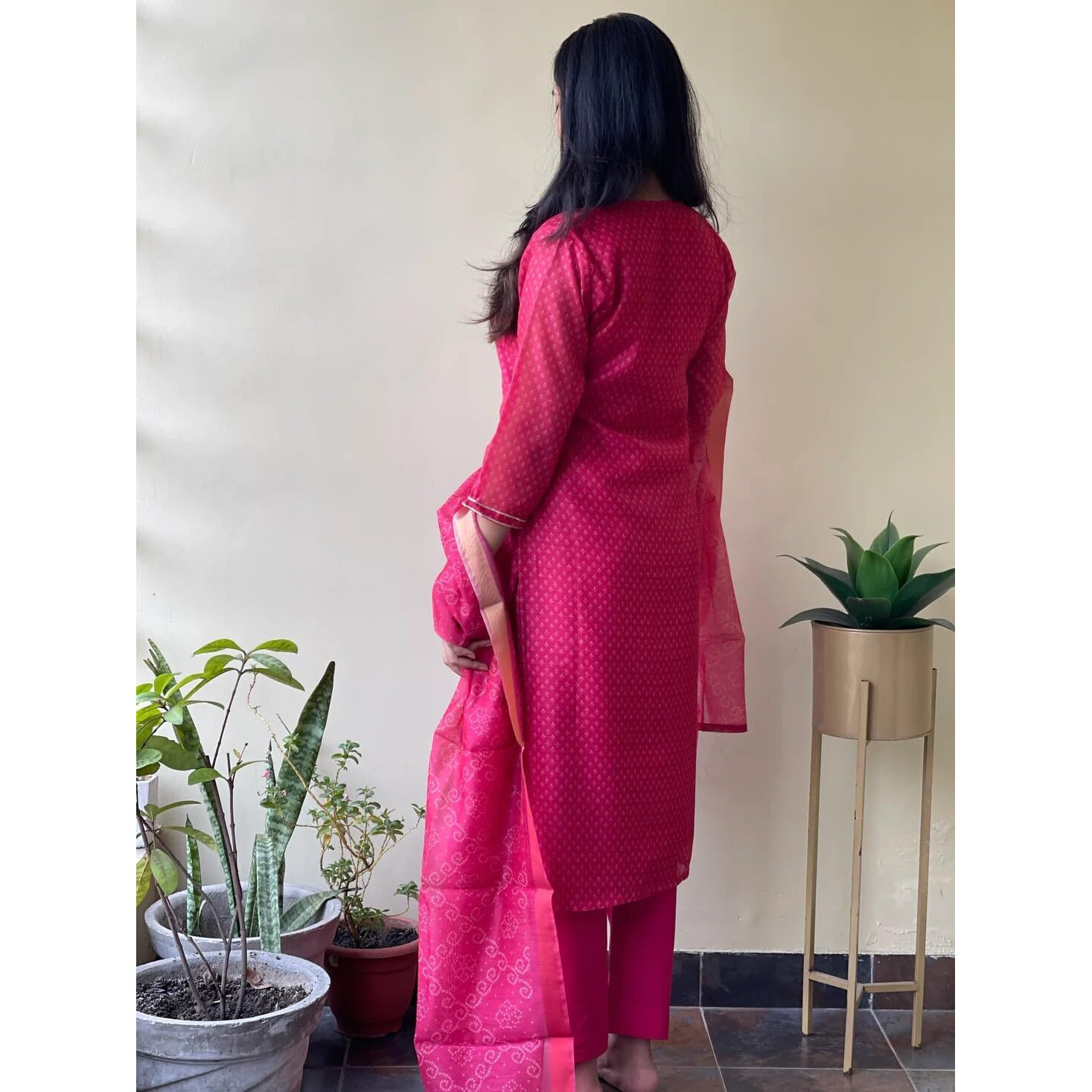 Gosriki Women's Cotton Blend Straight Printed & Embroidered Kurta With Pant & Dupatta (Radha Rani-Gs_S_Pink_Small)