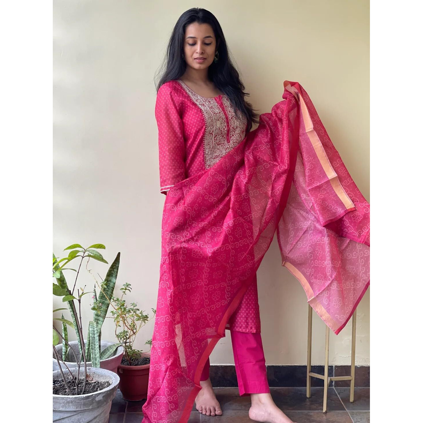 Gosriki Women's Cotton Blend Straight Printed & Embroidered Kurta With Pant & Dupatta (Radha Rani-Gs_S_Pink_Small)