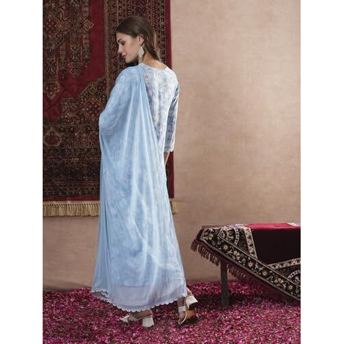 Gosriki Women's Cotton Blend Straight Printed Kurta With Pant & Dupatta (Kausalya Sky-Gs_M_Sky Blue_Medium)
