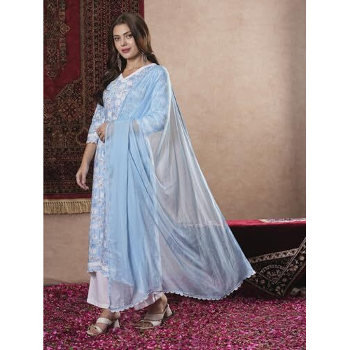 Gosriki Women's Cotton Blend Straight Printed Kurta With Pant & Dupatta (Kausalya Sky-Gs_M_Sky Blue_Medium)