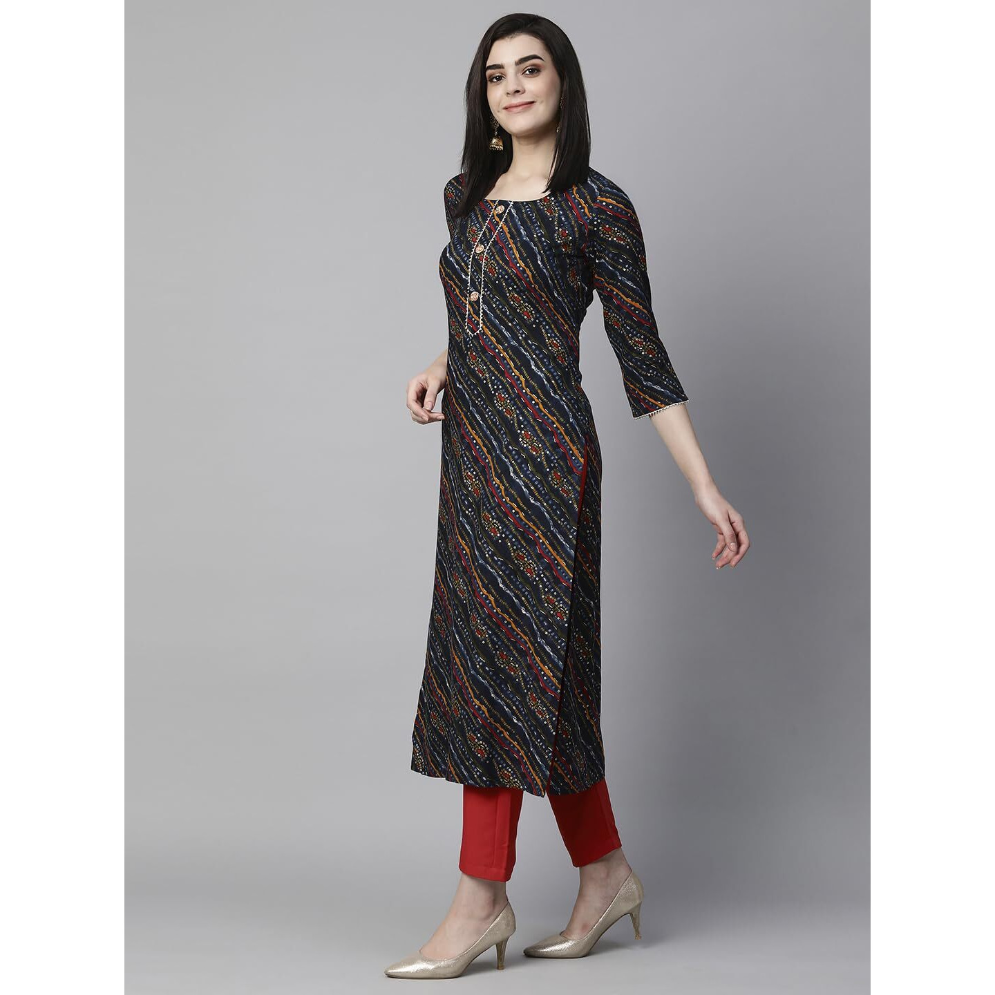 Gosriki Women's Cotton Blend Straight Printed Kurta With Pant Set (Rathi Blue-Gs_S_Blue_Small)