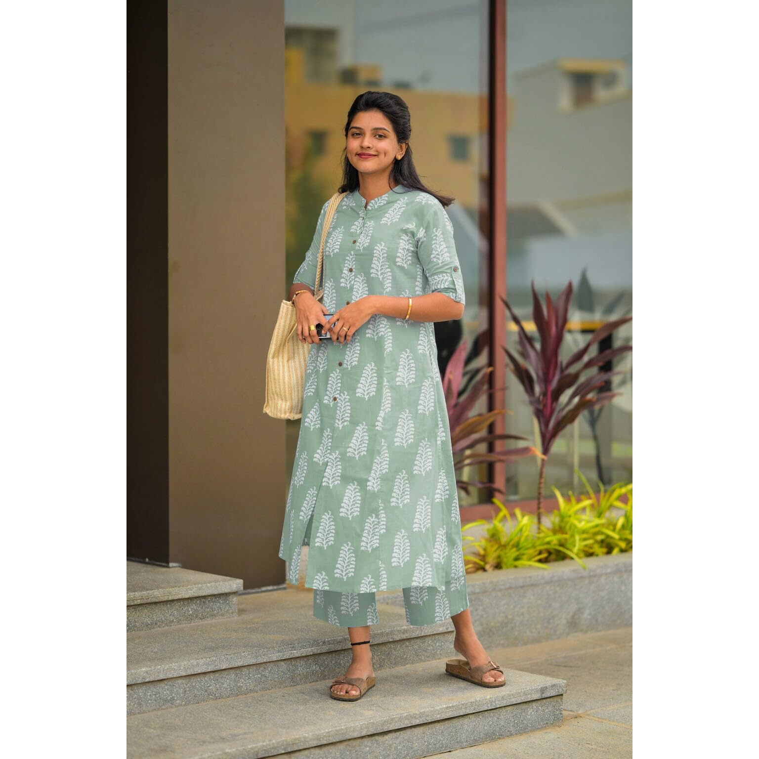 Gosriki Women's Rayon Viscose A-Line Printed Kurta With Pant (Kopek Green-Gs_M_Green_Medium)