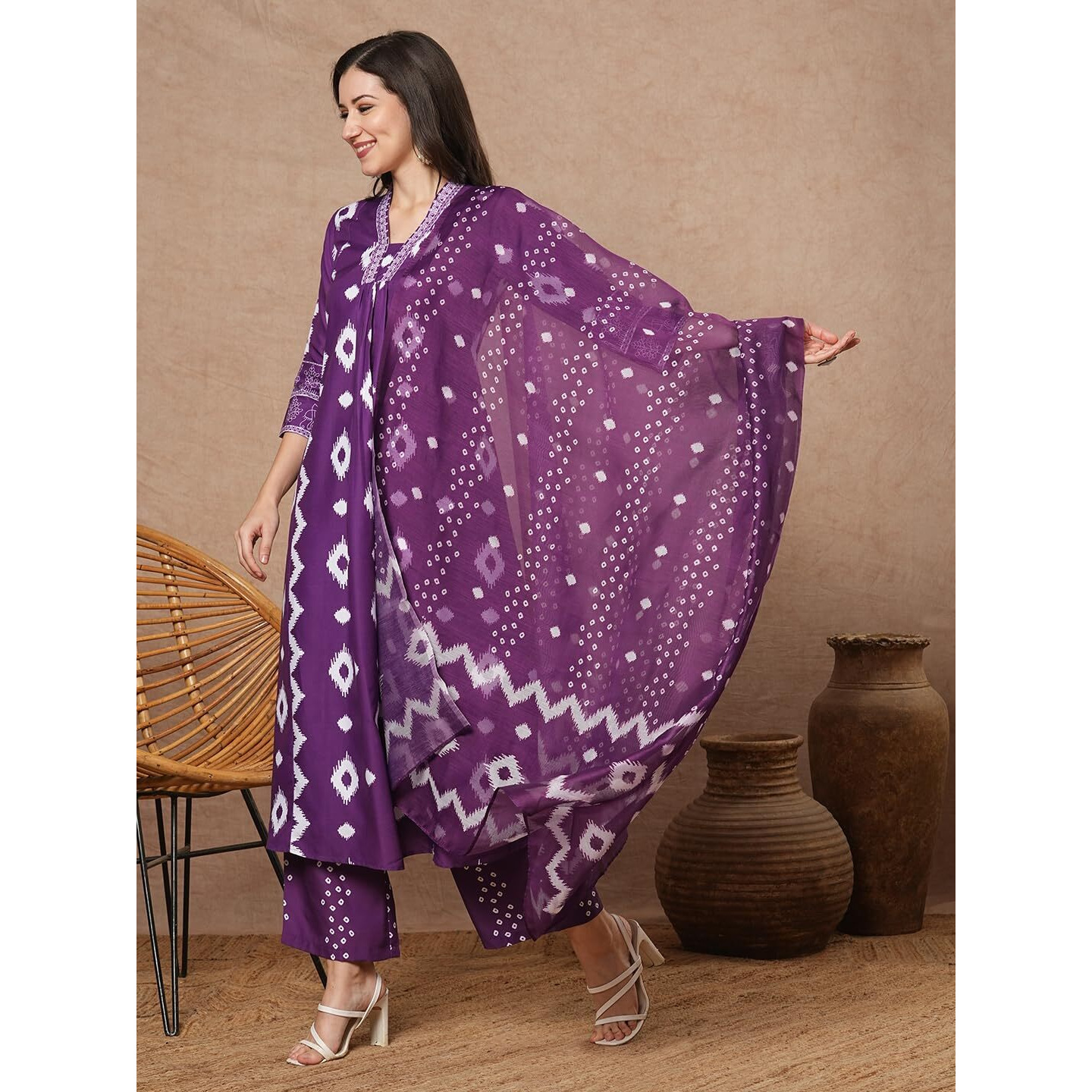 Gosriki Women's Rayon Viscose Printed Anarkali Kurta With Palazzo & Dupatta (Chakrika Purple-Vks03-Gs_S_Purple_Small)