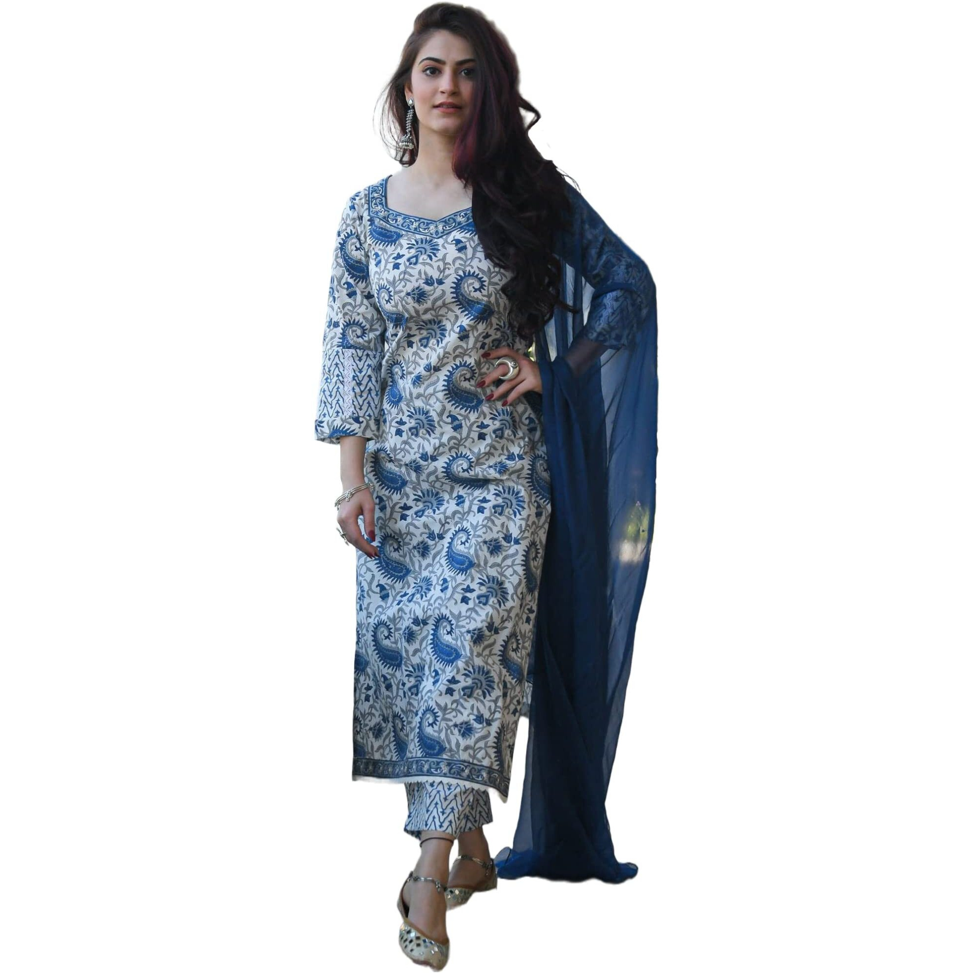 Gosriki Women's Cotton Blend Straight Printed Kurta With Pant & Dupatta (Please-Blue_S-Go_Blue_Small)