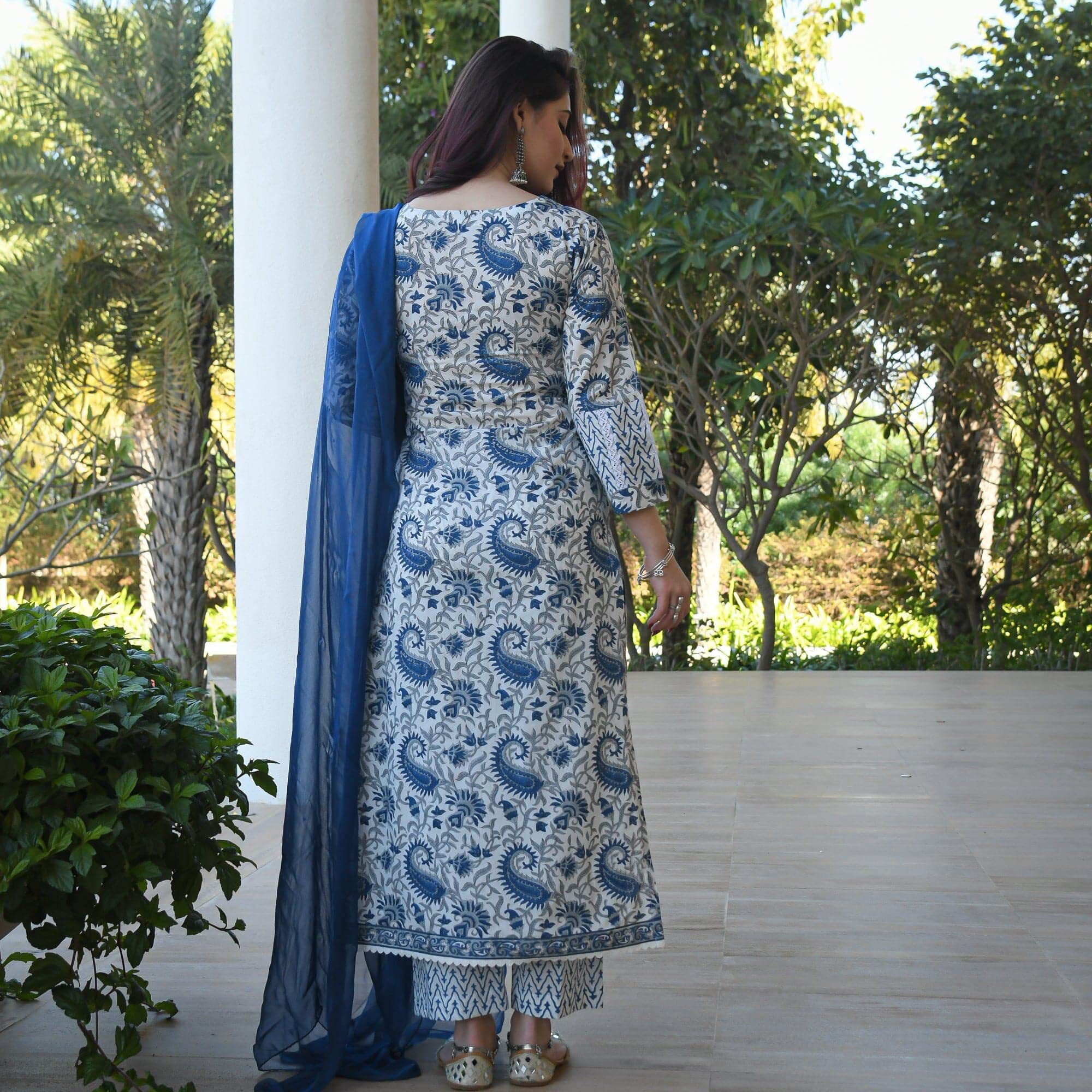 Gosriki Women's Cotton Blend Straight Printed Kurta With Pant & Dupatta (Please-Blue_S-Go_Blue_Small)