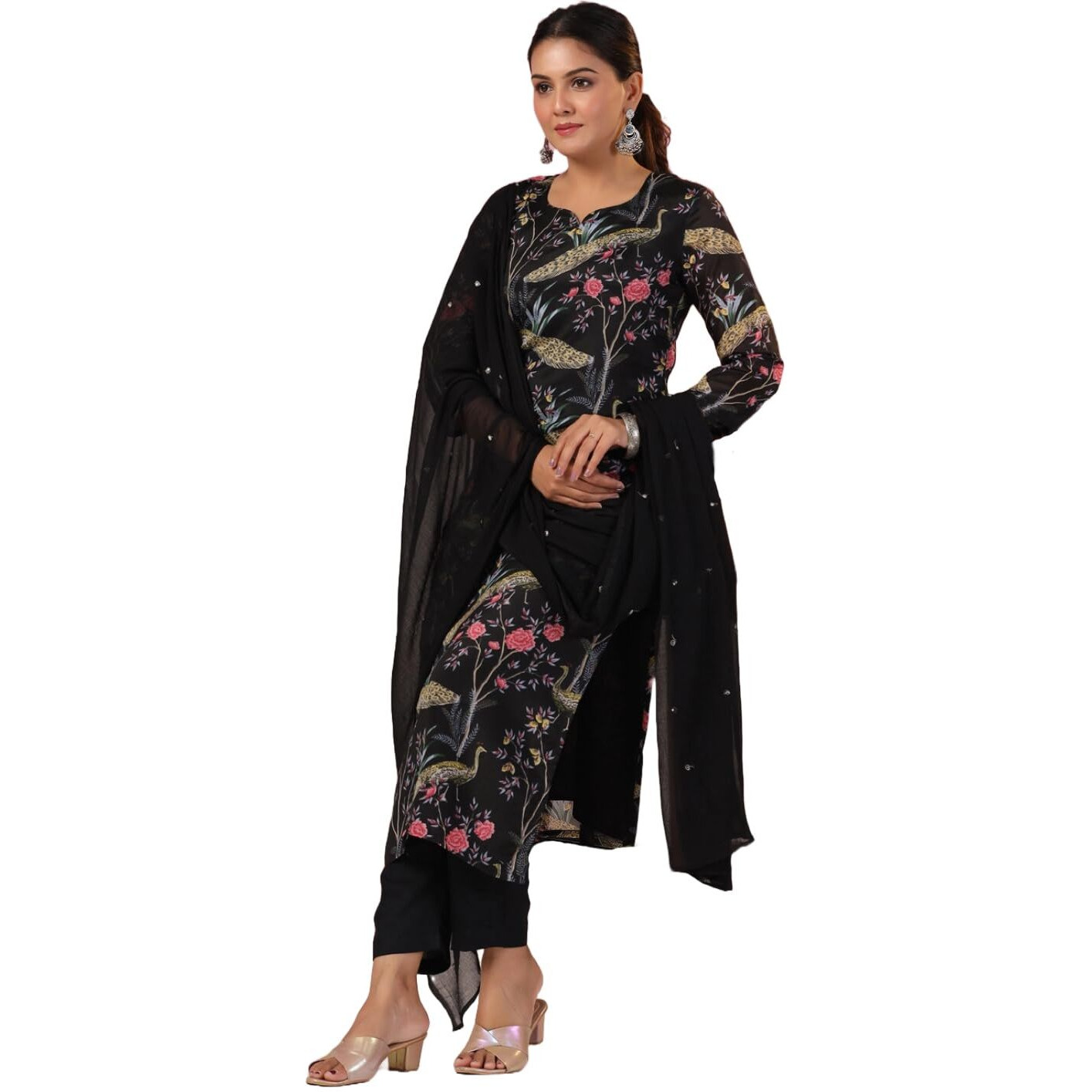 Gosriki Women's Rayon Blend Printed Straight Kurta With Pant & Dupatta (Geto Black-Gs_S_Black_Small)