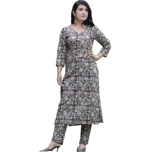 Gosriki Women's Rayon Blend Straight Printed Kurta With Pant (Yansh Black-Gs_L_Black_Large)