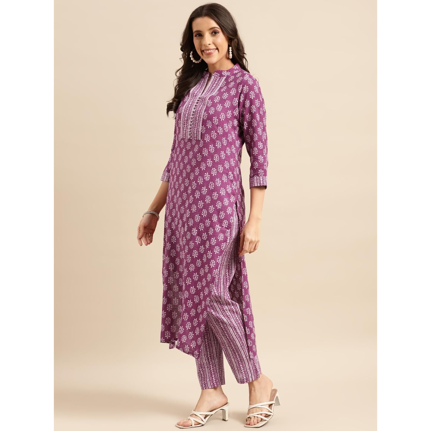Gosriki Women's Cotton Blend Straight Printed Kurta With Pant (Raina Purple-Nwg-Gs_Xl_Purple_X-Large)