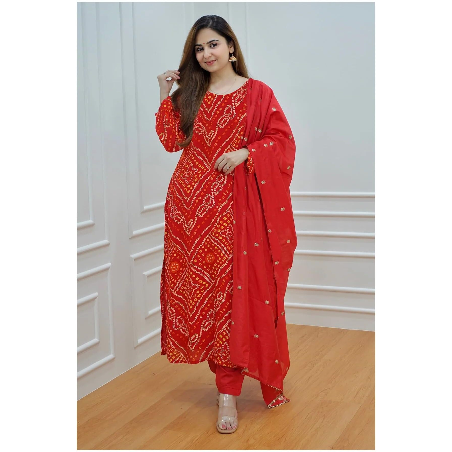 Gosriki Women's Rayon Blend Straight Bandhani Printed Kurta With Pant & Dupatta (Nagwar Red-Gs_S_Red_Small)