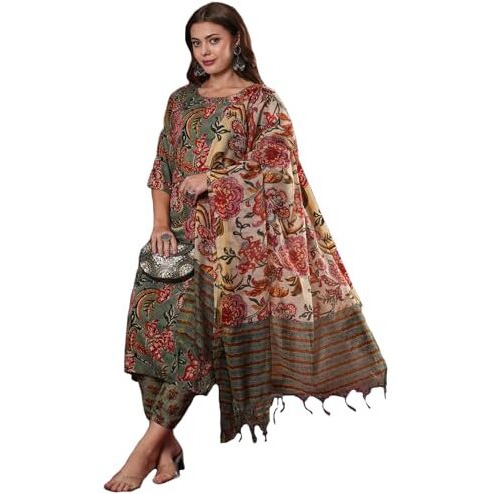Gosriki Women's Rayon Blend Printed Straight Kurta With Pant & Dupatta (Fta Green-Vks07-Gs_M_Green_Medium)