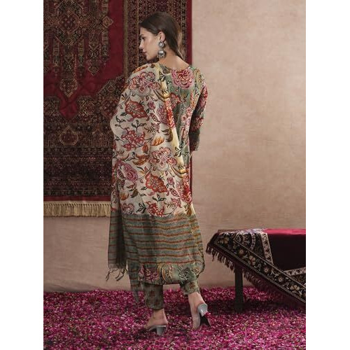 Gosriki Women's Rayon Blend Printed Straight Kurta With Pant & Dupatta (Fta Green-Vks07-Gs_M_Green_Medium)
