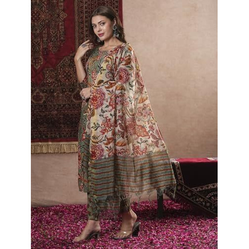 Gosriki Women's Rayon Blend Printed Straight Kurta With Pant & Dupatta (Fta Green-Vks07-Gs_M_Green_Medium)