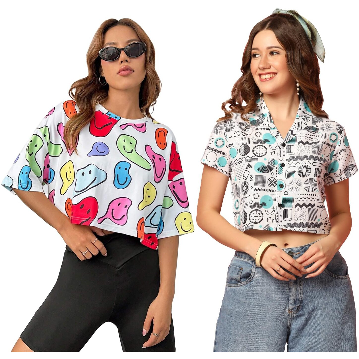 Toplot Women's Casual Printed Crop Top With Short Sleeve Pack Of 2 (Combo-5135-Rou-Mlt-Xl)
