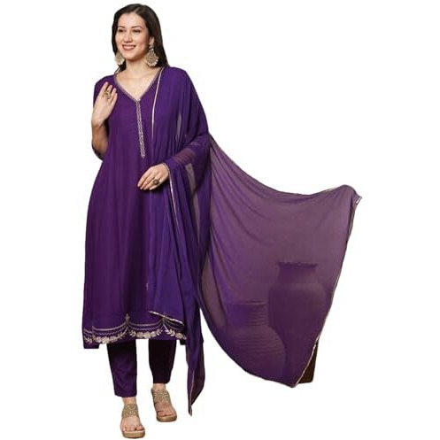 Gosriki Women's Rayon Blend Anarkali Embroidered Kurta With Pant & Dupatta (Ranibai Blue-Vks03-Gs_Xxl_Blue_Xx-Large)