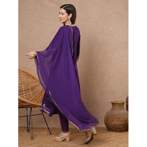 Gosriki Women's Rayon Blend Anarkali Embroidered Kurta With Pant & Dupatta (Ranibai Blue-Vks03-Gs_Xxl_Blue_Xx-Large)