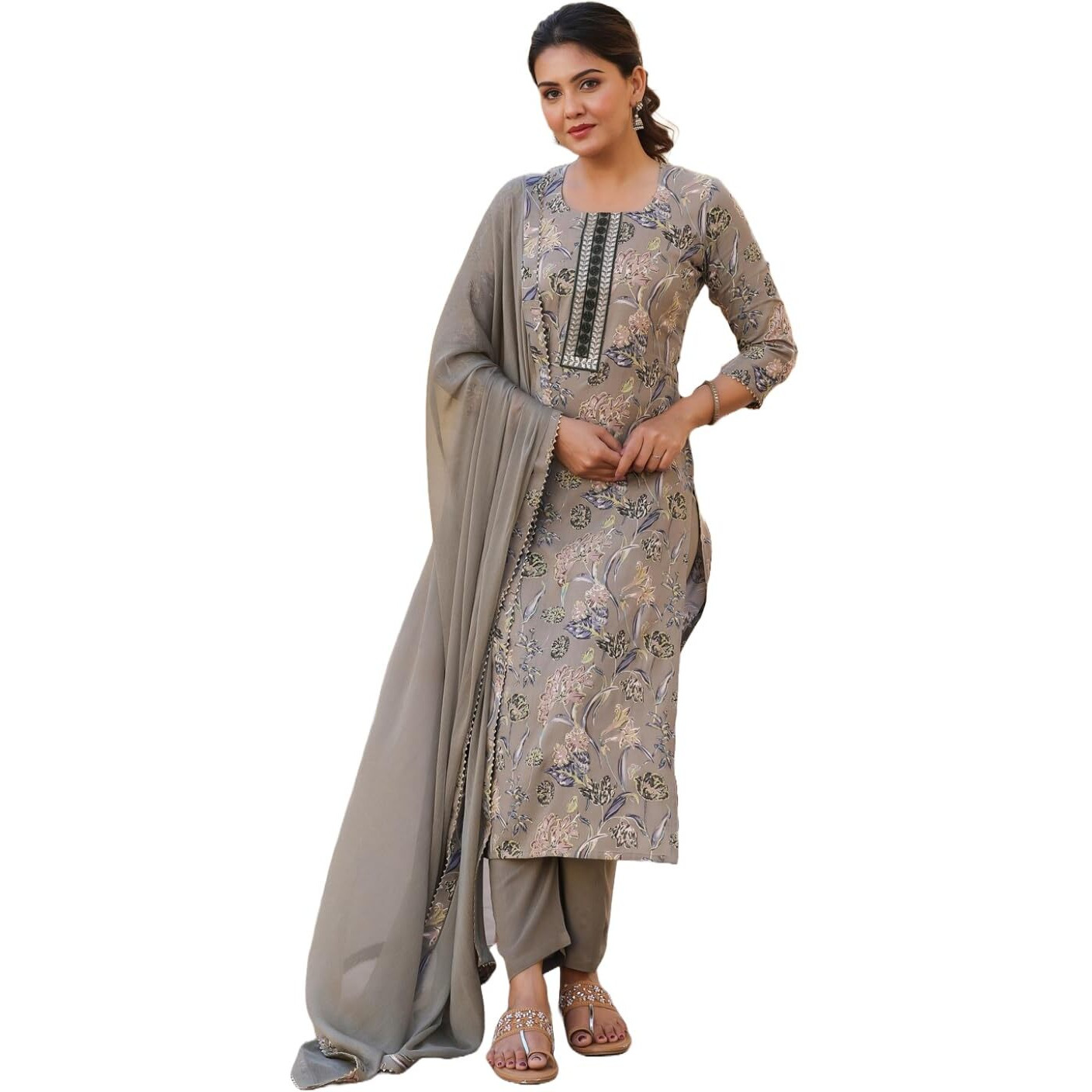Gosriki Women's Rayon Blend Printed Straight Kurta With Pant & Dupatta (Vice Grey-Nw-Gs_Xl_Grey_X-Large)