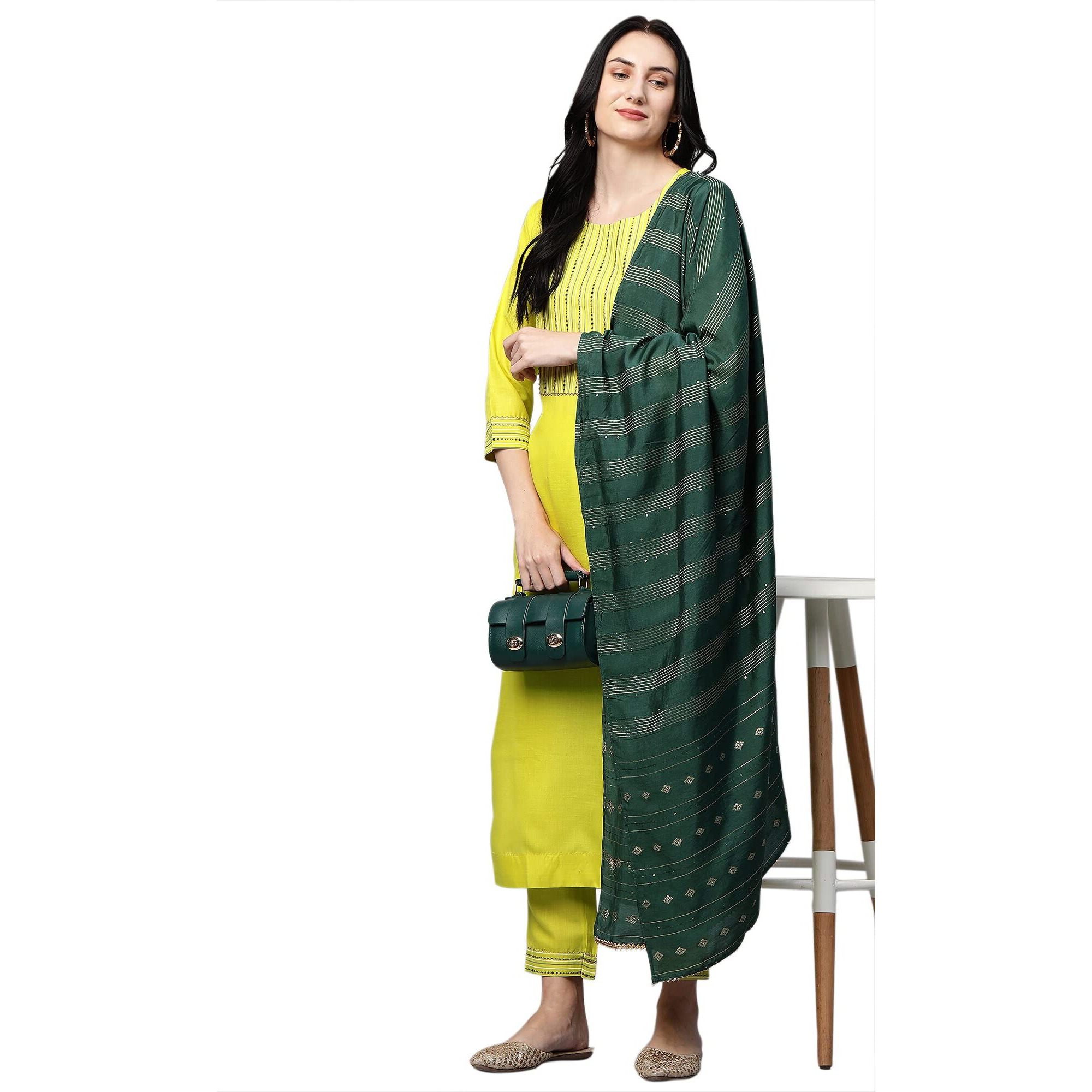 Gosriki Women's Cotton Straight Kurta With Palazzo & Dupatta (Surat New Green_Xxl_Green_Xx-Large)