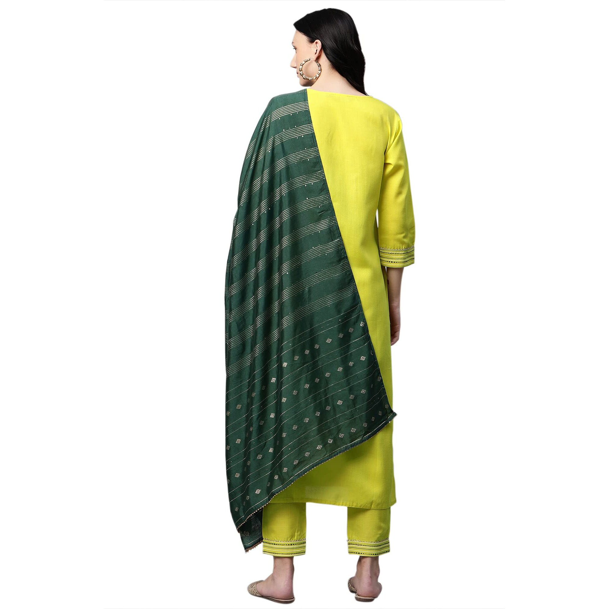 Gosriki Women's Cotton Straight Kurta With Palazzo & Dupatta (Surat New Green_Xxl_Green_Xx-Large)