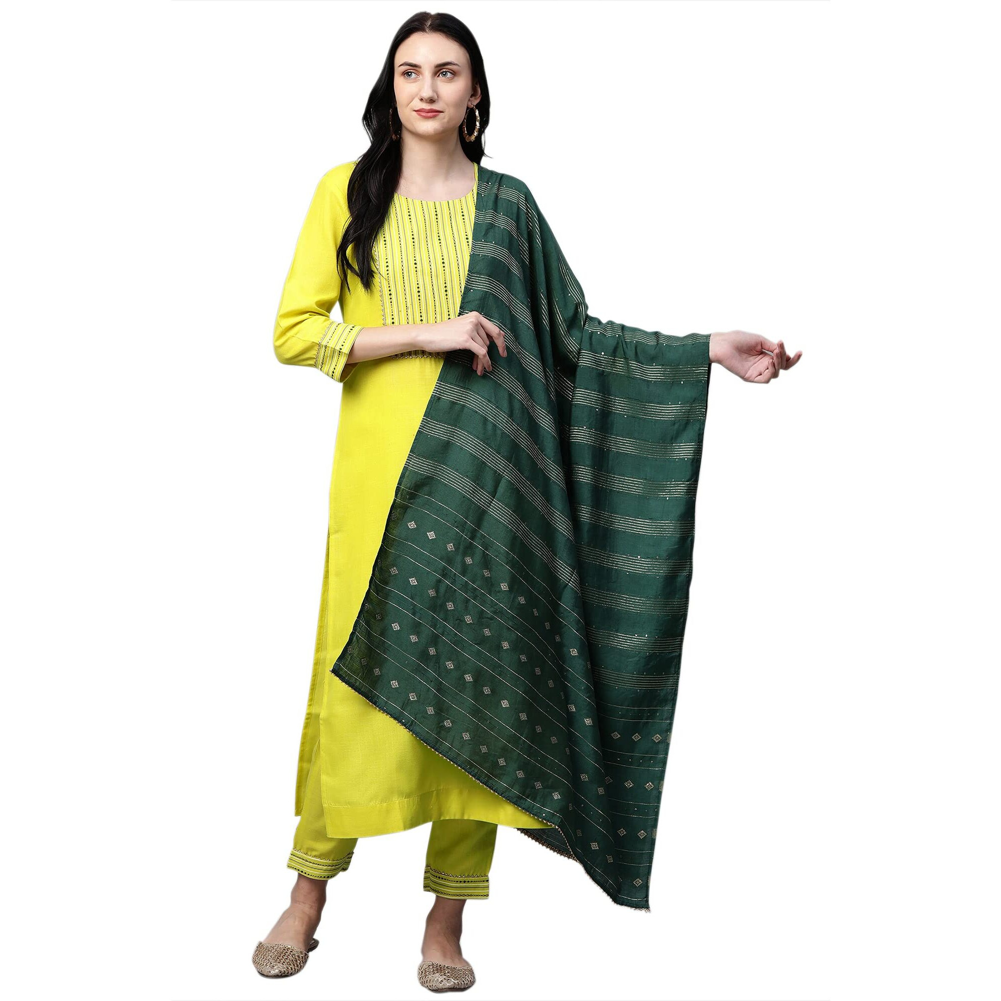 Gosriki Women's Cotton Straight Kurta With Palazzo & Dupatta (Surat New Green_Xxl_Green_Xx-Large)