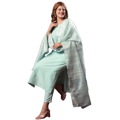 Gosriki Women's Rayon Blend Solid Straight Kurta With Pant & Dupatta (Pragya See Green-Vks01-Gs_L_See Green_Large)