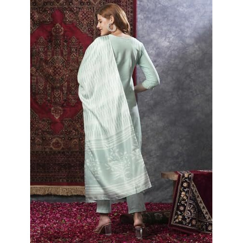 Gosriki Women's Rayon Blend Solid Straight Kurta With Pant & Dupatta (Pragya See Green-Vks01-Gs_L_See Green_Large)