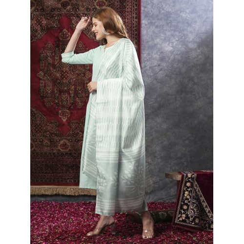 Gosriki Women's Rayon Blend Solid Straight Kurta With Pant & Dupatta (Pragya See Green-Vks01-Gs_L_See Green_Large)