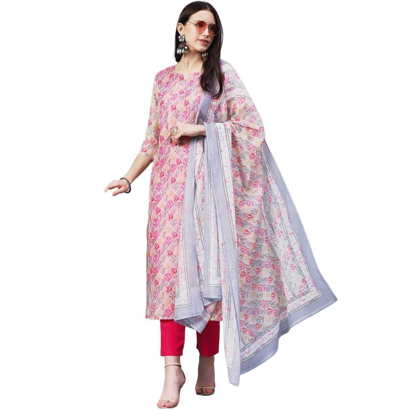 Gosriki Women's Cotton Blend Printed Straight Kurta With Pant & Dupatta (Waha Pink-Gs_L_Pink_Large)
