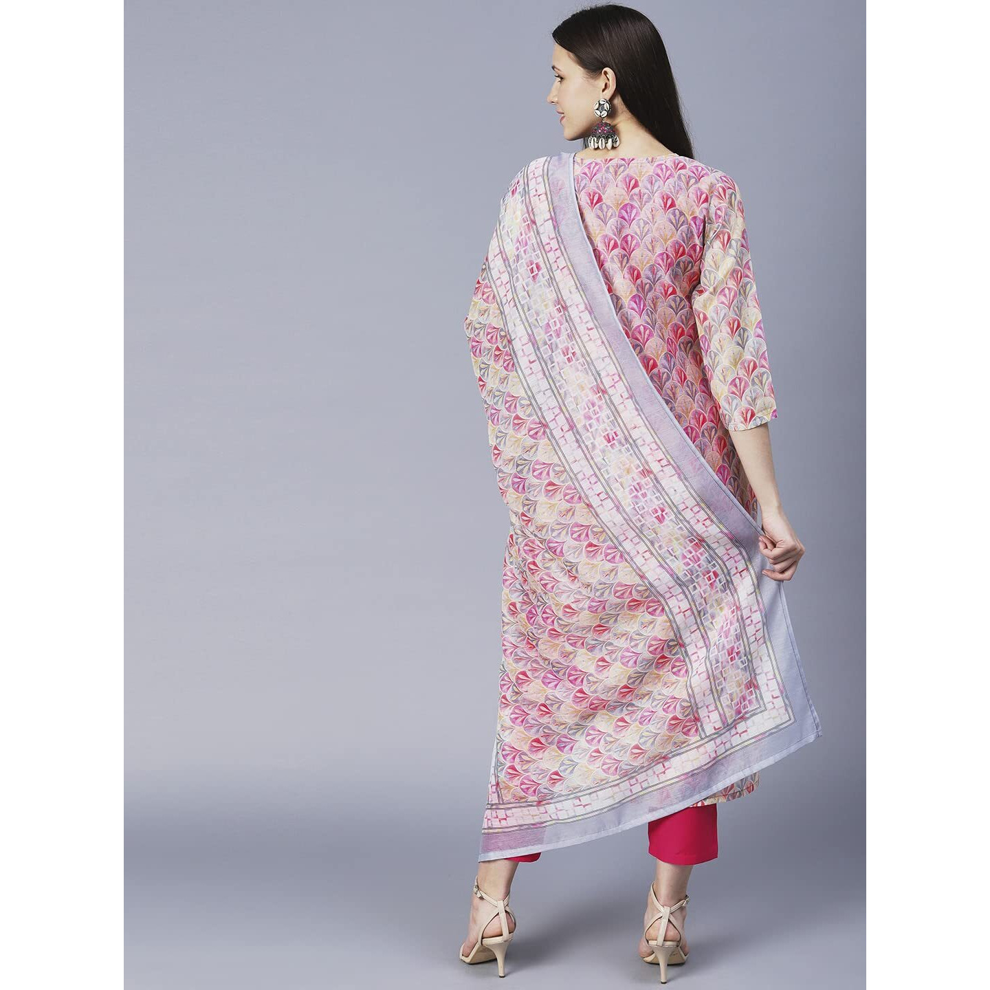 Gosriki Women's Cotton Blend Printed Straight Kurta With Pant & Dupatta (Waha Pink-Gs_L_Pink_Large)