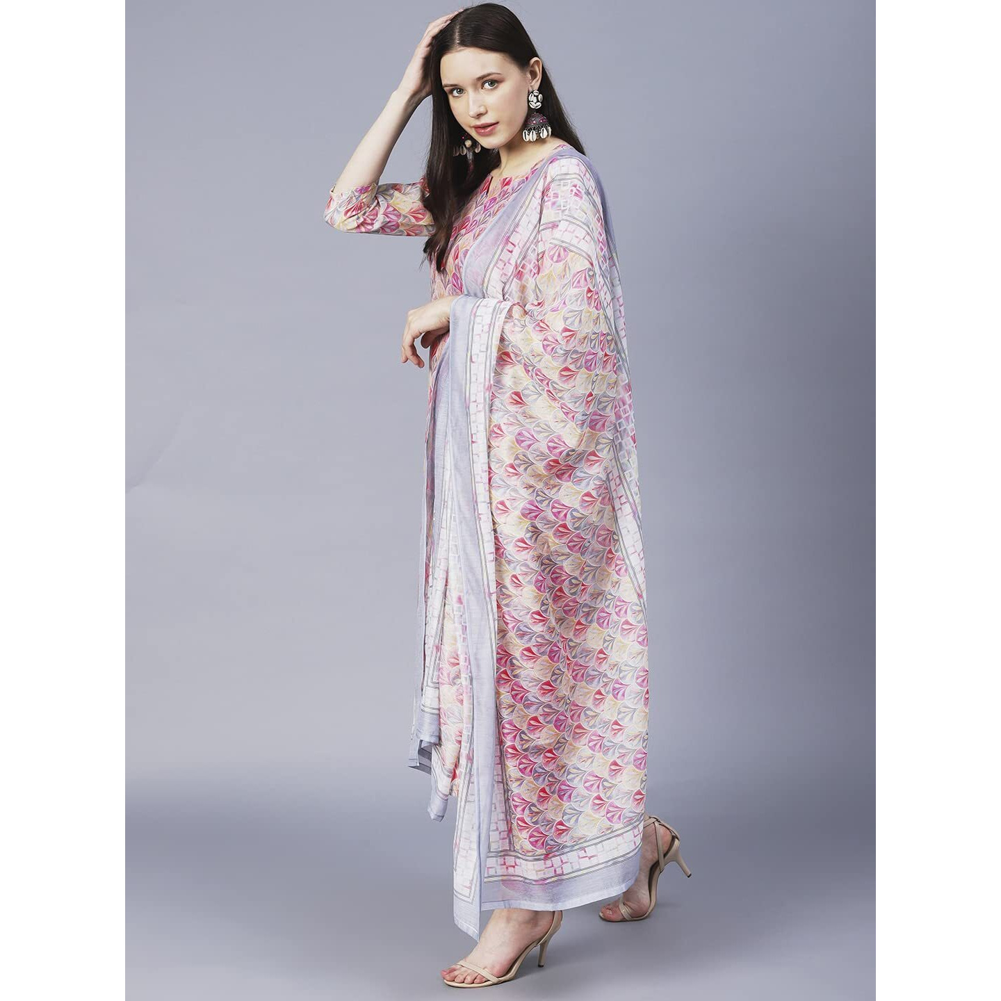 Gosriki Women's Cotton Blend Printed Straight Kurta With Pant & Dupatta (Waha Pink-Gs_L_Pink_Large)