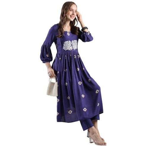 Gosriki Women's Rayon Blend Anarkali Printed Kurta With Pant (Anveshi Begani-Vks04-Gs_S_Begani_Small)