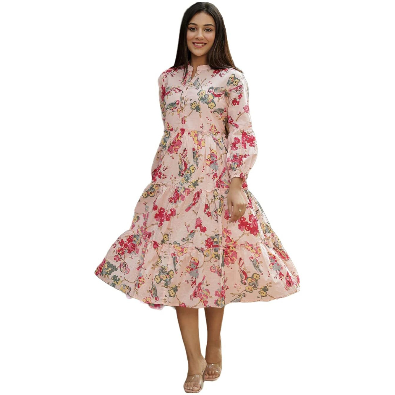 Gosriki Women's Printed Rayon Smocked Tiered Midi Dress (Aas-Pink-Dress_Xl-Gs_Pink_X-Large)