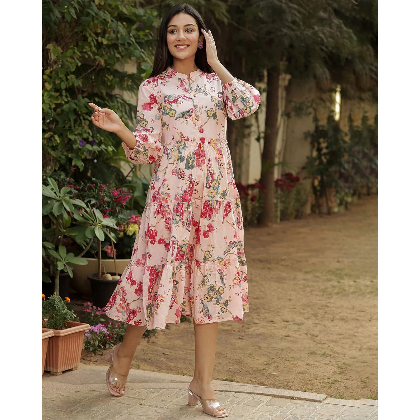 Gosriki Women's Printed Rayon Smocked Tiered Midi Dress (Aas-Pink-Dress_Xl-Gs_Pink_X-Large)